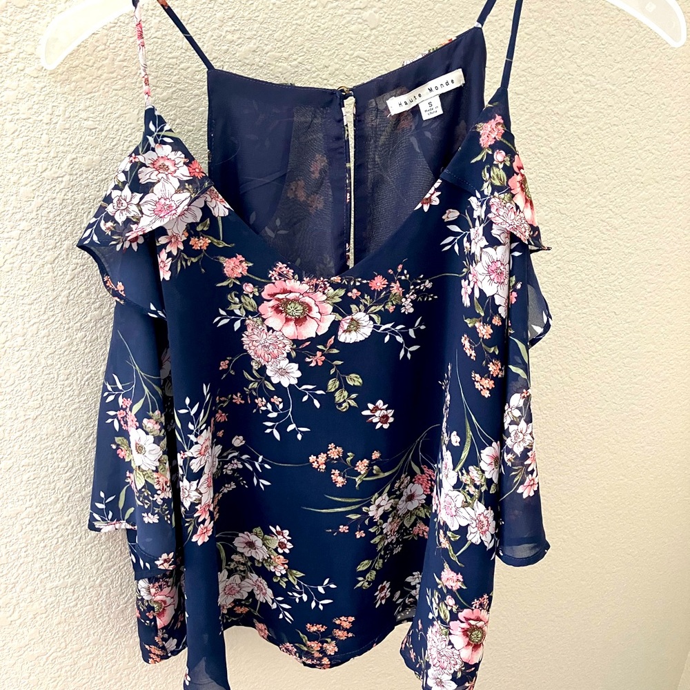 EUC Haute Monde women’s small navy blue floral cold shoulder blouse